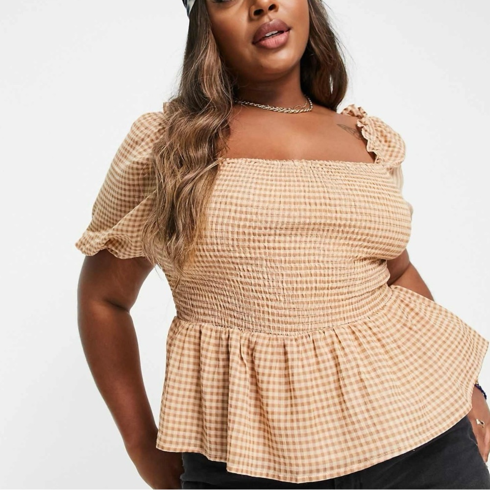 Tan Peplum Blouse with Smocked Puff Sleeves